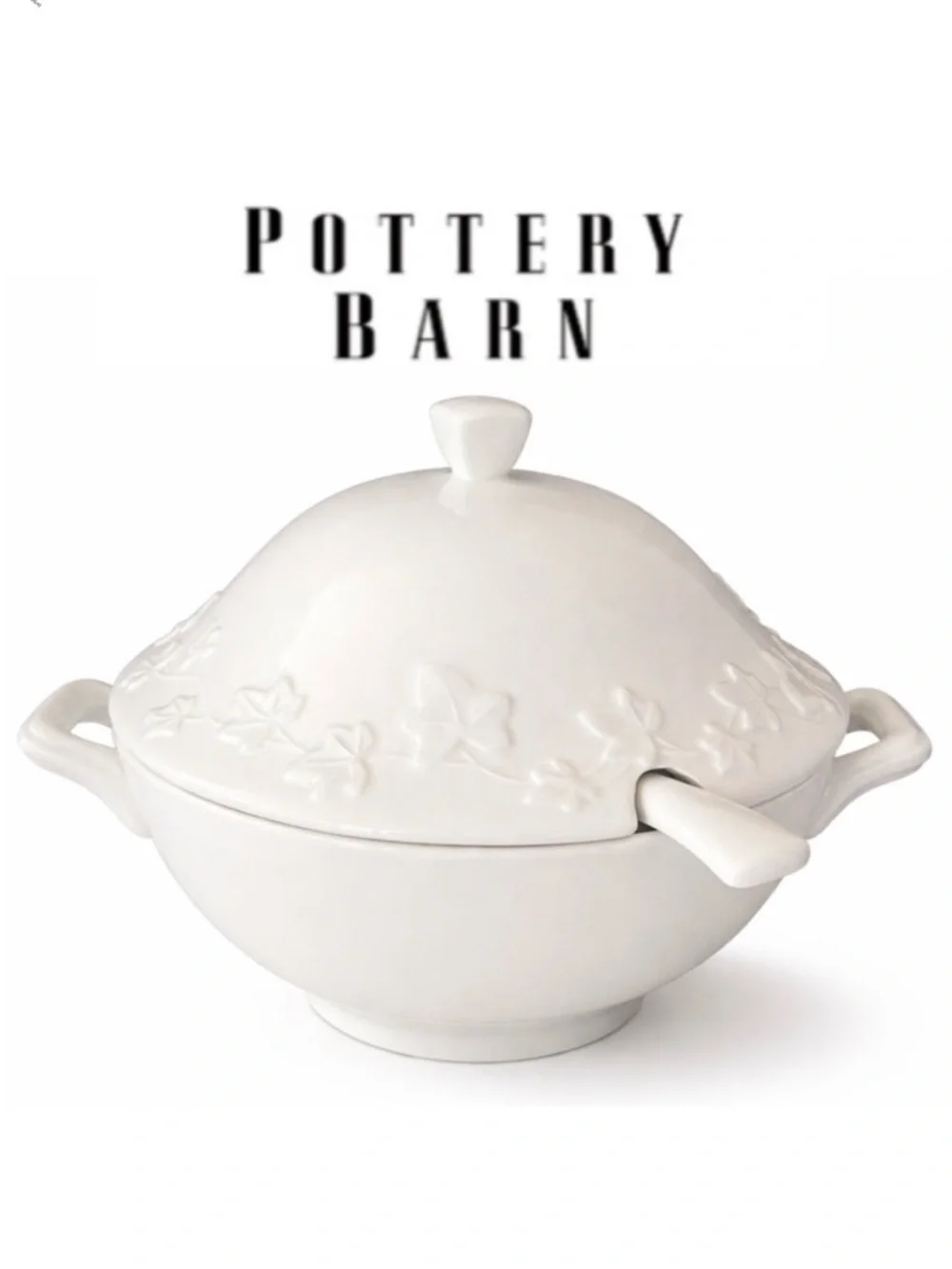 Pottery Barn Vine China White Tureen Lid Ladle & Handles Large Italian Rare 4 Qt